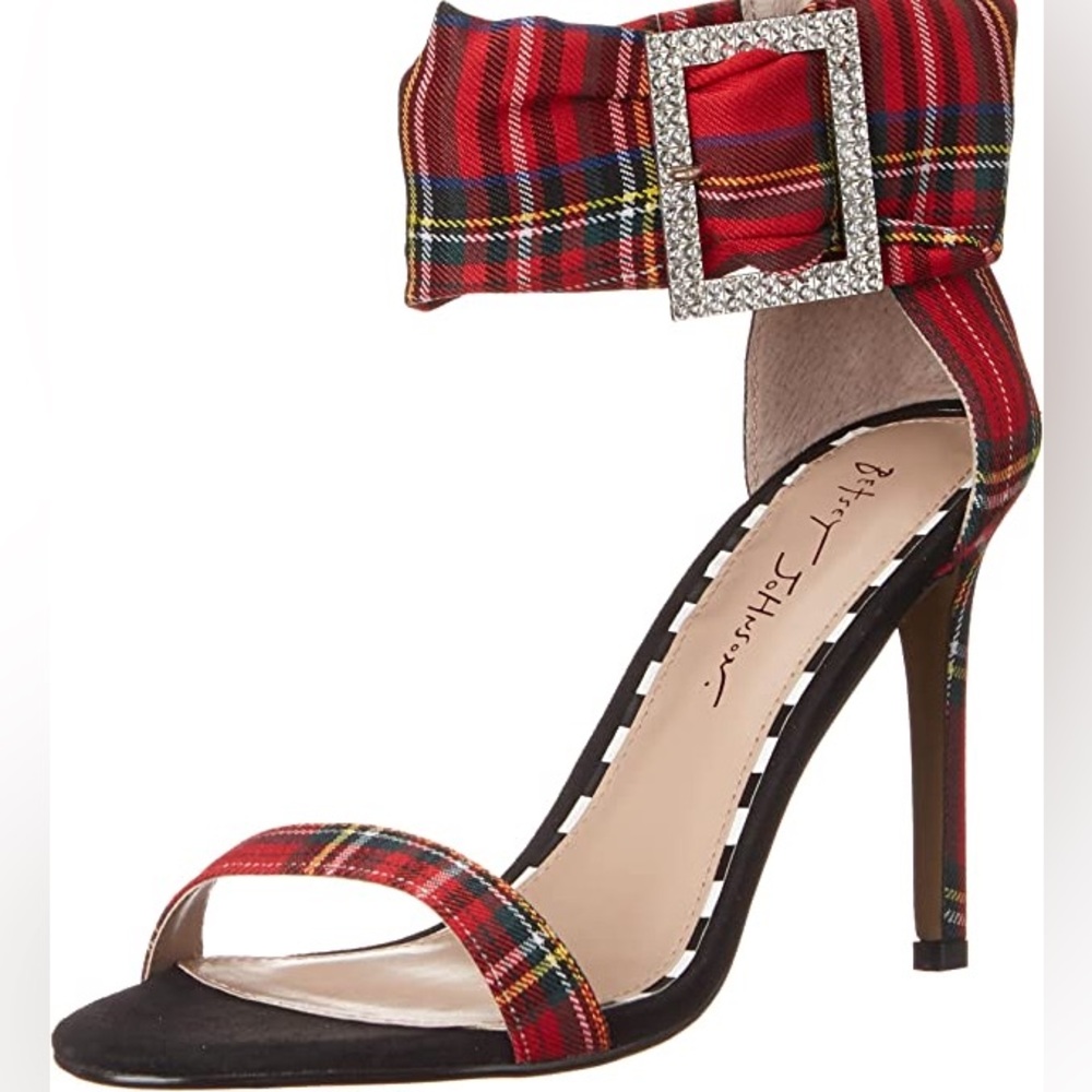 Betsey Johnson Sz 11 red plaid heels with rhinestone buckle